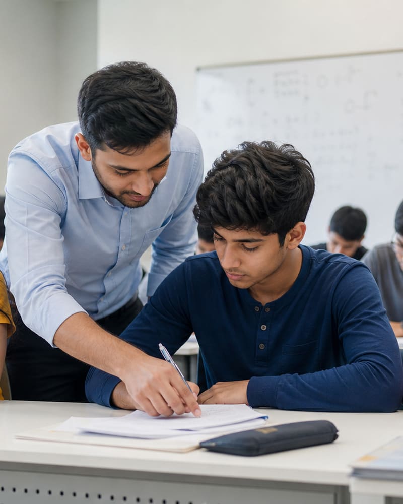A teacher leans over a student’s paper and points with his pen, the class writing at their desks, a whiteboard of working behind.