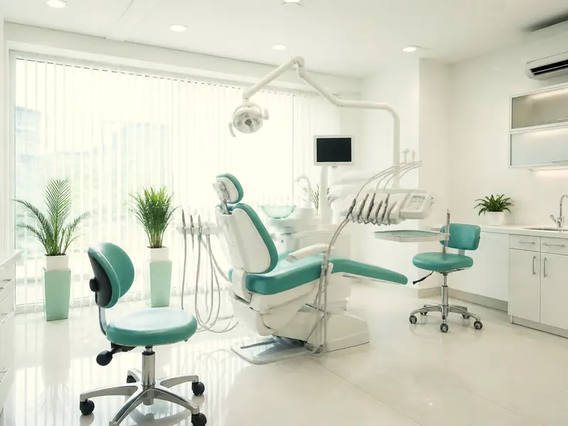 A bright treatment room, the teal chair by a tall window with plants.