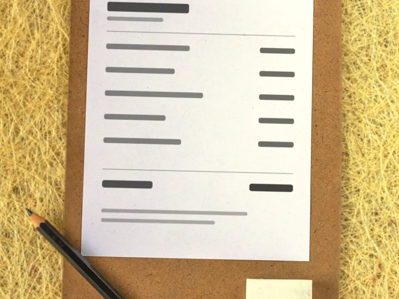 A printed one-page plan on a clipboard with a pencil.