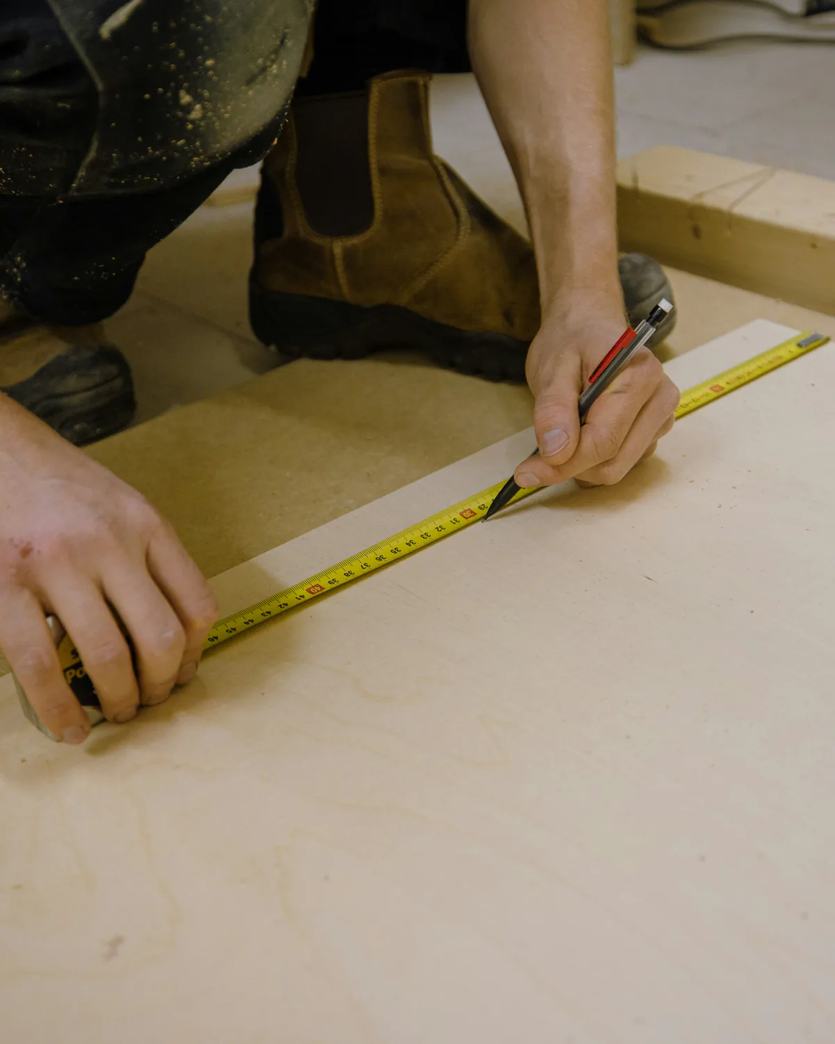 Hands marking a board with a pencil against a tape measure.
