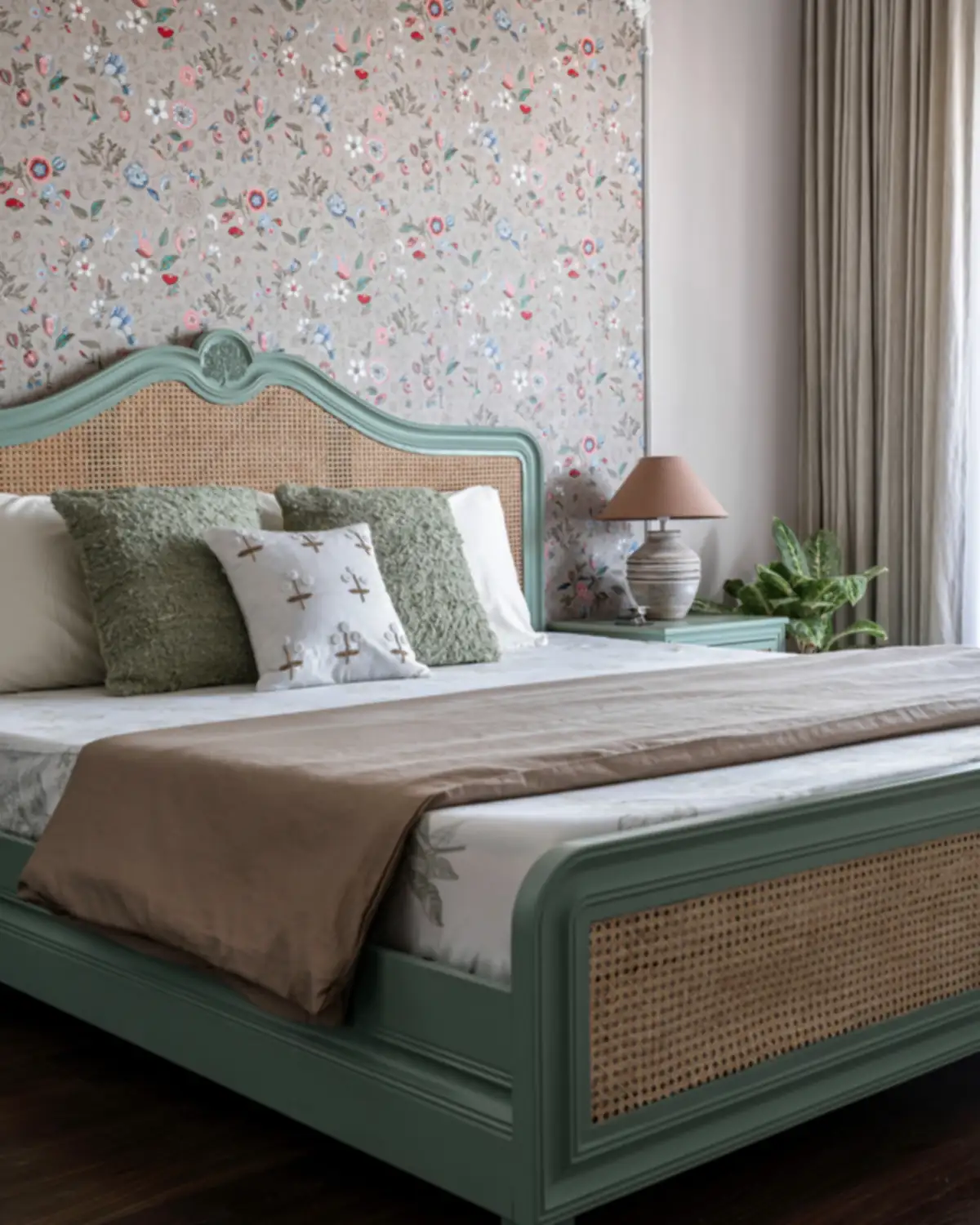 A queen bed in a sage green frame with cane panels at the head and foot, floral wallpaper behind.