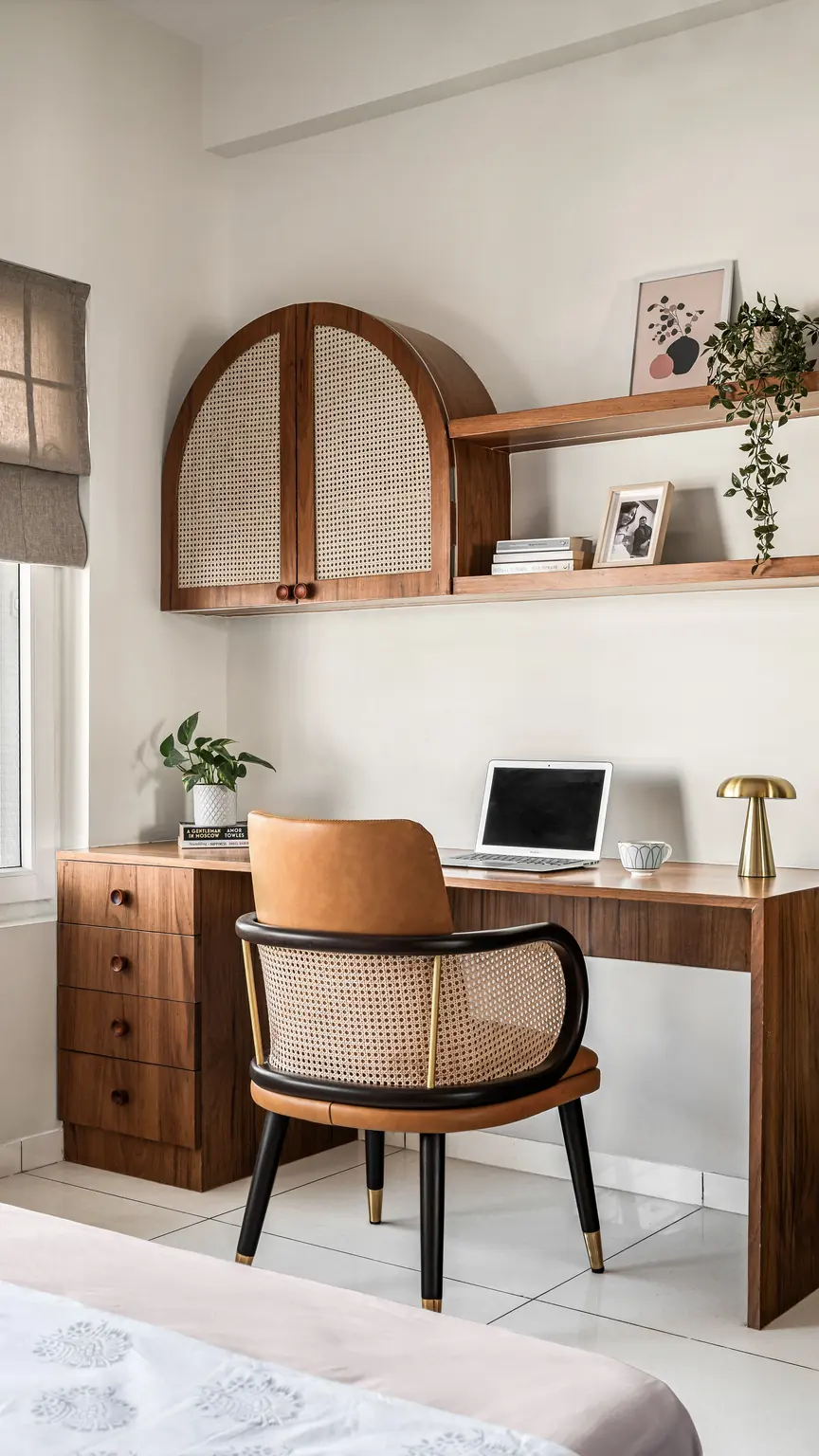 A study corner with a teak desk on a four-drawer pedestal and a cane-backed chair in a black frame.