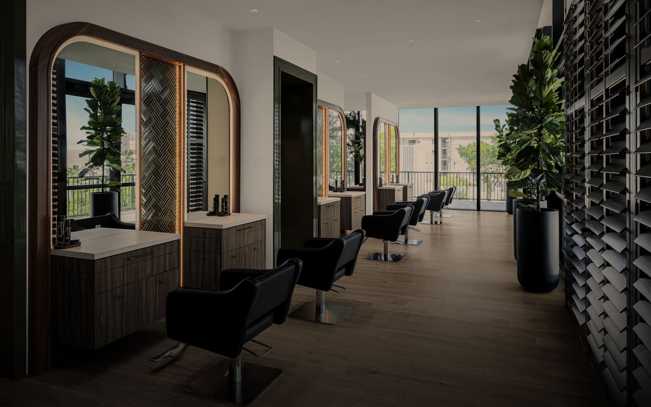 The salon floor in the evening, black chairs before arched walnut mirrors, fig trees by the glass.
